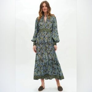 Oliphant Floral Shirt Waisted Maxi Dress Eden Blue Large EUC